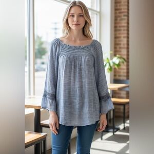 Spence 3/4 Bell Crochet Detail Sleeves Peasant Boho Pull Over Smocked Top